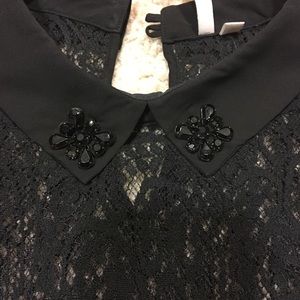 Black lace long sleeved embellished collar shirt